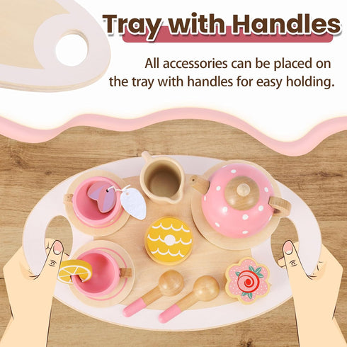 Set 3 4 5 BUYGER Kids Wooden Tea Party for Little Girls Toddler Pretend Play Food Kitchen Accessories Princess Birthday