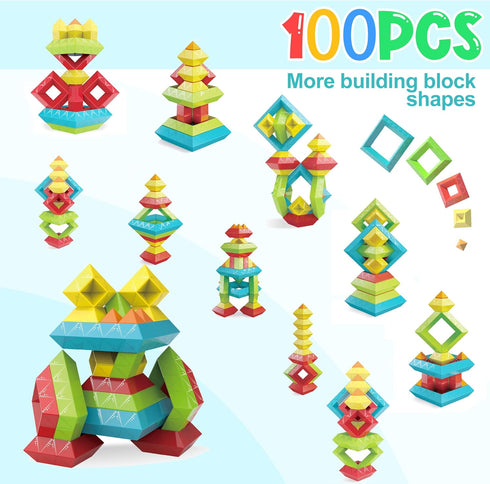 100Pcs 1-3 2-5 Toys,3D 2-4 Montessori Toys for Ages Toddlers Kids Baby,Pyramid Stacking Building Preschool Learning