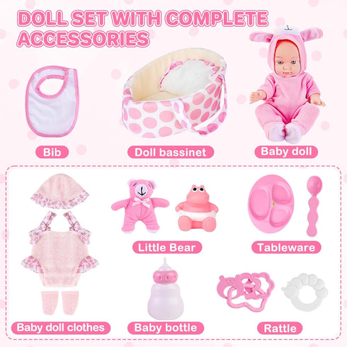 13'' Playset Set 3+ deAO Baby Doll with Bassinet Carrier Bed Baby Doll Accessories Including Pillow Clothes Pacifier