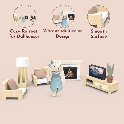 Cozy Playset SPEEDY MONKEY Dollhouse Living Room with Bunny Miniature FSC Wooden Furniture Sofa, TV Pretend Play Fully