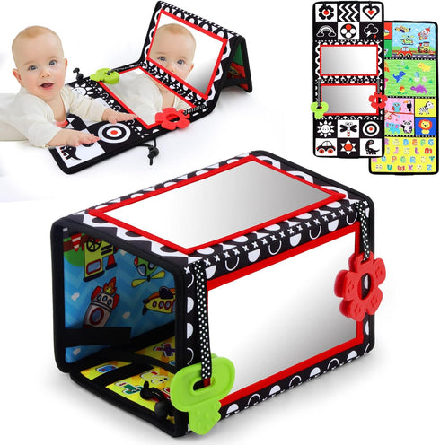 Tummy Time Floor Mirror with Teethers, Double-Sided High Contrast Baby Toys for Crawling Developmental Newborns