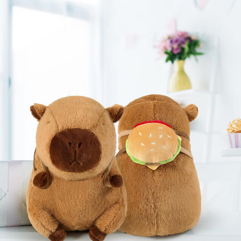 Ditucu Cute Capybara Plush with Hamburger Backpack Capibara Stuffed Aniamls Toys Plushies Hugging Gifts for Kids Brown 9 inch