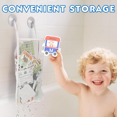32 3 4 5 6 iPlay, iLearn Bath Toy Organizer W/Foam Letters, Toddler Bathtub Toy W/Storage Net, Floating Alphabet Train