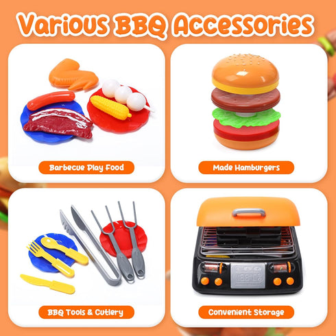 CUTE STONE Cooking Toy BBQ Set, 2-Layer Kids Grill Playset with Play Food and Kitchen Accessories for Toddlers