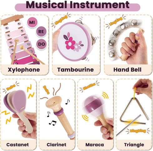 Sets 1 2 3 BUYGER Baby Musical Instruments with Xylophone, Wooden Percussion Instruments with Storage Bag, Montessori