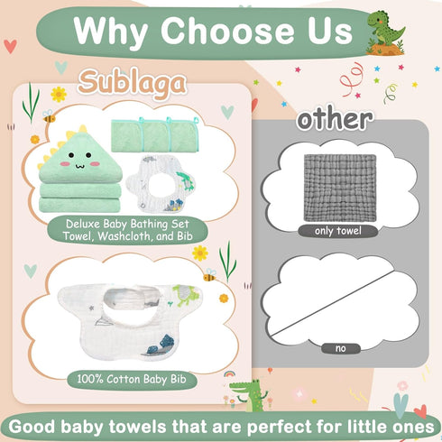Sublaga 5 Set, 32x32 3 Set Pcs Baby Towel in Hooded Bath Towel, Pcs Baby Washcloths and Cotton Baby Bibs for Newborns