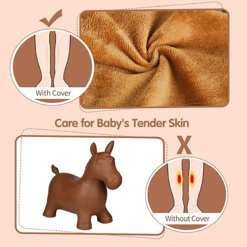INPANY Bouncy Horse for Toddlers, Plush Brown Inflatable Ride-On Animal Toy with Pump