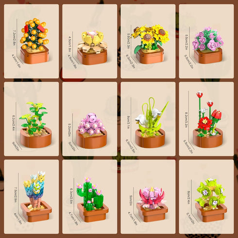 12 Flowers Succulents Mini Building Set, 1403PCS Botanical Collection for Home Décor, Creative Building Project for