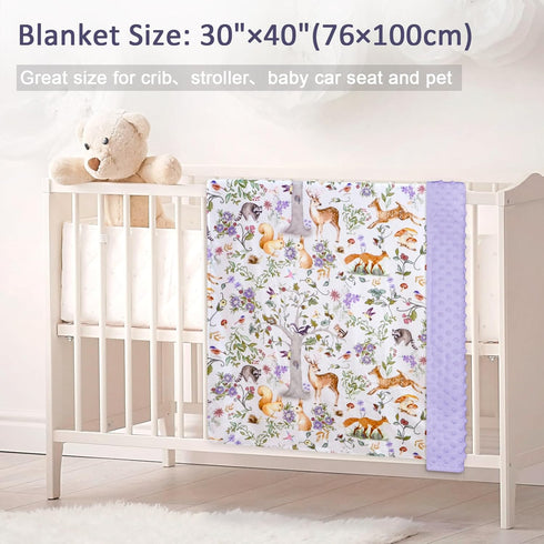 Purple Fleece Baby Blanket for Boys & Girls, Soft Portable Toddler Minky with Woodland Animal Print, 40 x 30 Inch