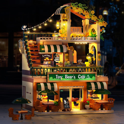 City Coffee House Building Set with Light, 1173 PCS Cafe Shop Building Block Toy with Ordering Counter and Baking Room