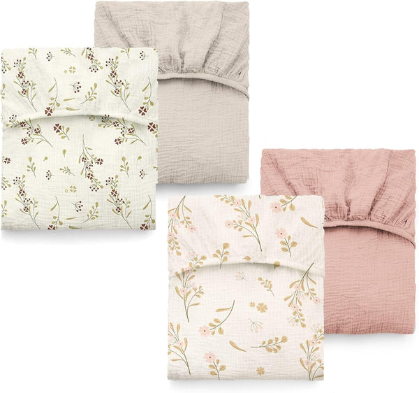 ColoBrethy 4-Pack Muslin Crib Sheets for Girls Boys, Boho Soft 100% Cotton Nursery