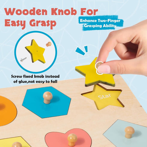 Montessori Toy for Babies 12-18 Months, Wooden Shape Puzzles for Toddlers 1-3, Baby Puzzle with Knob, Color & Shape