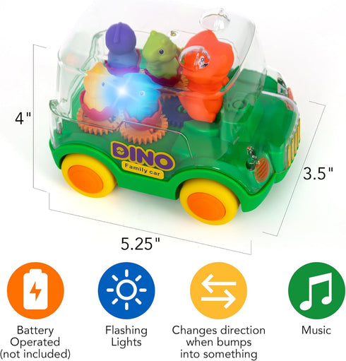 ArtCreativity Light Up Dinosaur Car - Bump and Go Toy Car with Moving Gears, Music, Flashing LED's for Toddlers 3 and Up