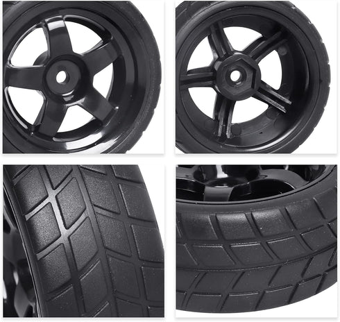 12mm Hex Wheel Rims & Rubber Tires with Foam Inserts for RC 1/10 On-Road Touring Car, Set of 4
