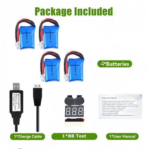 25C 250mAh 7.4V Lithium Battery for Orlandoo Hunter 1:35 RC Truck Jeep Toy with JST Plug & 2S USB Charging Cable