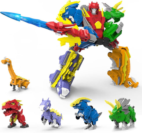 5-in-1 Robot Dinosaur Toys Set: Large Transforming Robot Take Apart Kit with 5 Dinosaur Action Figures for Kids Ages 4-9