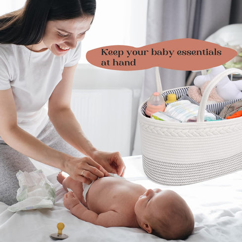 Luxury Little Diaper Caddy Organizer, Extra Large Cotton Rope Nursery Basket for Baby Diaper Storage, Portable Car