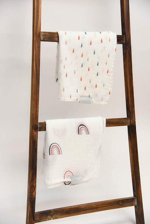 2 Pack Set Baby Swaddle Blanket - | Boho Rainbows + Raindrops | Muslin Cotton Blend | Newborn Essentials | Boys & Girls