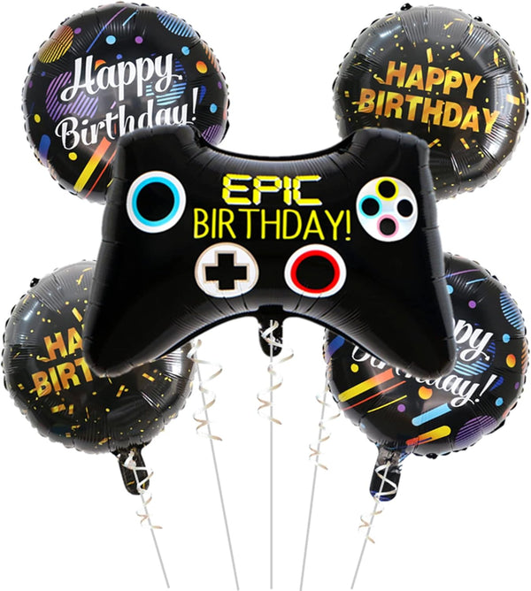 5 Pcs Black Video Game Party Balloons, Aluminum Membrane Birthday Supplies for Boys Game Themed Decoration
