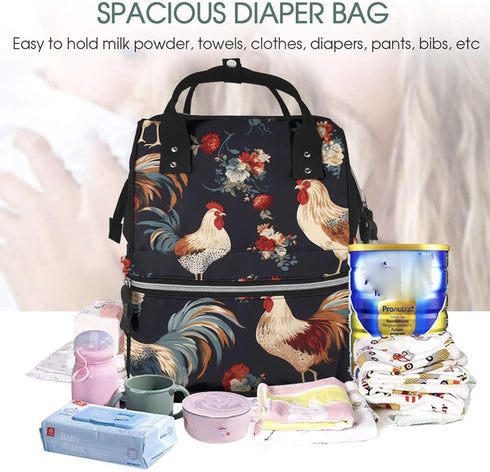 HCBPWVQA Backpack Daypacks Backpack Mommy French Roosters Diaper Bag with Changing Pad and Pacifier Holder