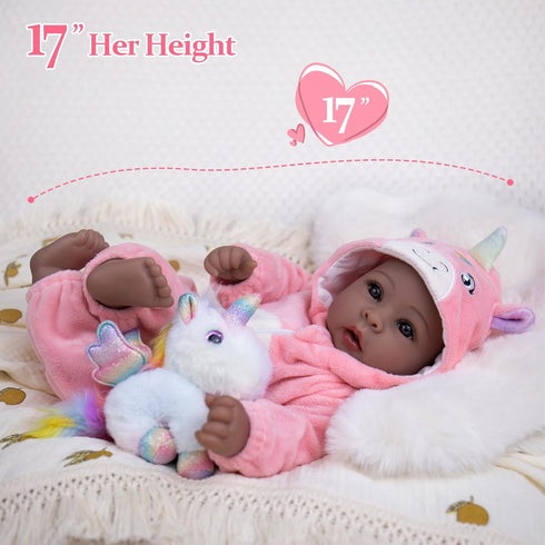 17 Inch 3+ Aori Black Baby Dolls Realistic Black Doll with Light Weighted Soft Body & Pink Outfits for Girls | Pretend