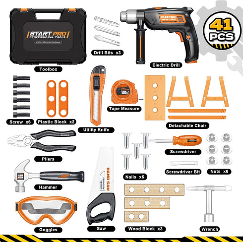 Set 41PCS Set 3,4,5,6,7,8, OCHIDO Kids Tool with Tool Box & Electronic Toy Drill, Toddler Tool Kids Construction Toys