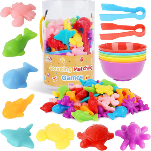 AMOR PRESENT 64PCS Counting Animals for Toddlers, Ocean Animal Matching Game Montessori Educational Toys