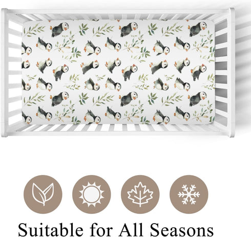 Wicbfdfv 28"x52" Watercolor Puffins Boho Leaves Fitted Crib Sheet for Baby Girls Boys Cute Bird Baby Sheet for Standard