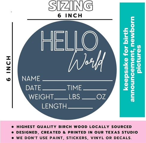 Hello World Newborn Sign - Baby Name Birth Announcement Plaque for Hospital - Photo Prop - Blue Nursery Decor - Shower