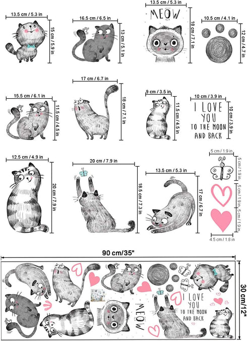 Cartoon Cats Wall Decals - MAIYU 9 Cute Kittens with Butterfly Heart Paw Print Stickers for Kids Room