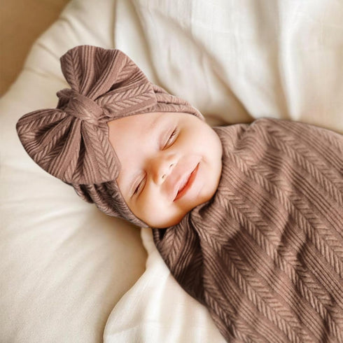 Set AQOKKA Newborn Receiving Blanket with Bow Hat Mittens Wooden Card Wheat-Pattern Newborns Toddler Baby Boy Girl