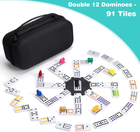 Set 4 12 91 9 Mexican Train Dominoes with Wooden Racks, Double Dominos Game with Dot Tiles, Trains, Hub, Classic Family