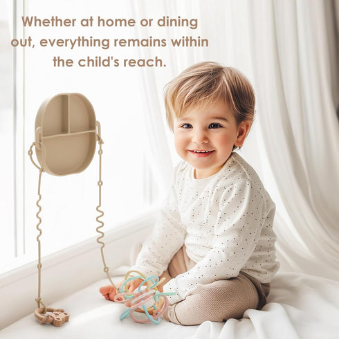 Silicone Plates for Babies with Suction, Divided Baby Spoons, Toy Straps, Placemat, Tethers & Built-in Suction Cups -