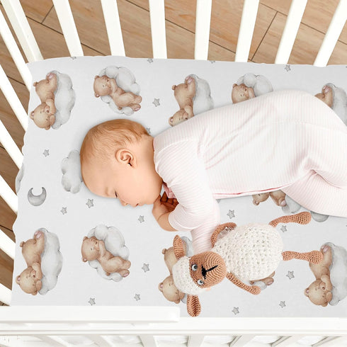 52 28 9In, Vvfelixl Crib Sheets for Boys & Girls, Teddy Bears Clouds Pattern, Neutral, Mini Crib Mattress Sheets