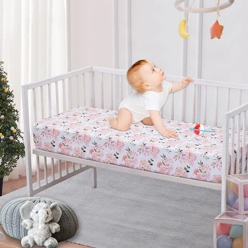 Crib Sheets Girl 2 Pack Set, 2 Pack Toddler Bed Sheets Set, Floral Print Fitted Crib Sheet for Standard Crib & Toddler Mattress, Size 28 x 52 inches, Pink N Floral by Little Grape Land