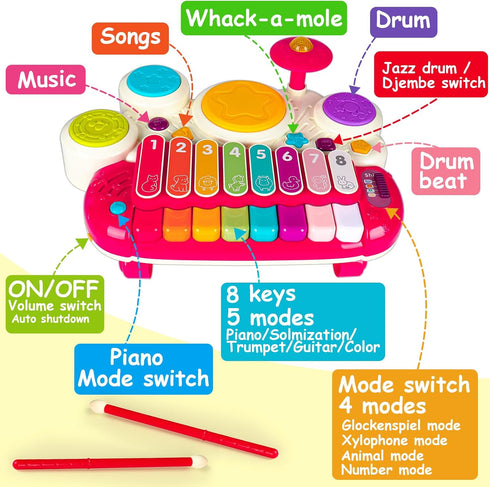 3 in 1 Musical Toys for Toddlers 1-3, Piano Xylophone Drum Set for 1-3 Year Old Girls, Developmental Sensory Toys