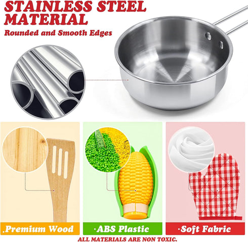 Kids Kitchen Pretend Play Accessories Set, 32 Items Stainless Steel Pots and Pans with Rack Organizer, Cooking Utensils