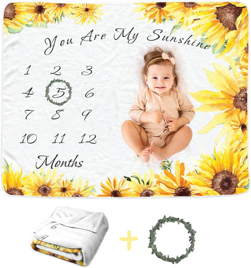 Sunflower Baby Monthly Milestone Blanket for Girls, Newborn Yellow Floral Month Blanket, Soft Flannel Photography