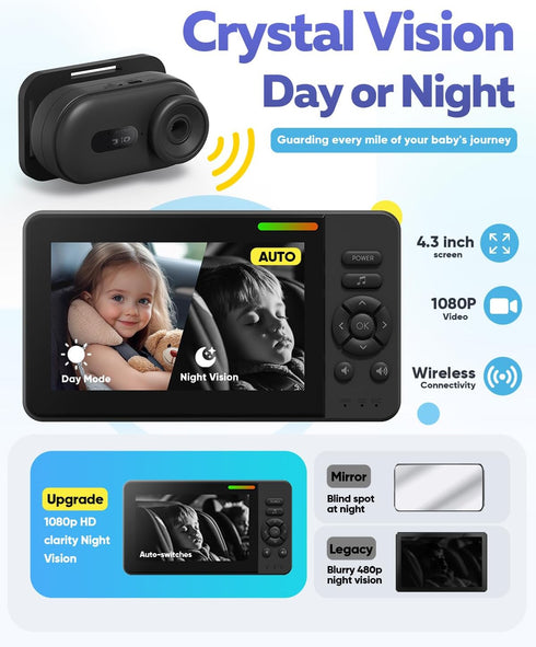 Elzeeo 1080P 32H Setup Wireless Baby Car Camera with Advanced Night Vision and Battery, No Wi-Fi Needed Easy Car Baby