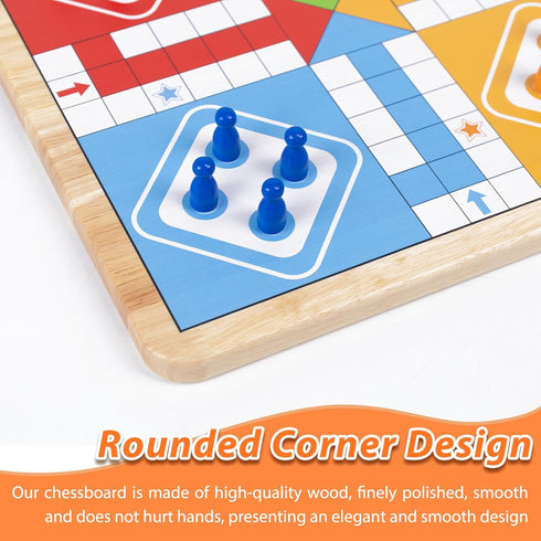 12 Inch 2-in-1 Set Wooden Ludo & Snakes Board Game, Reversible Travel with Storage Bag & Organizer Box (All-in-One