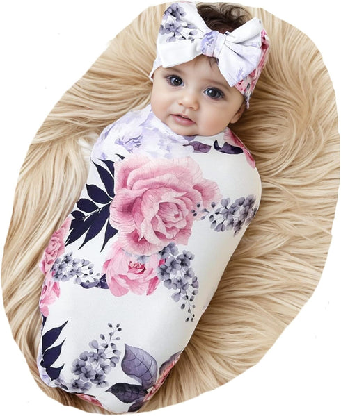 Galabloomer Newborn Receiving Blanket and Headband Set, Baby Flower Swaddle for Infants