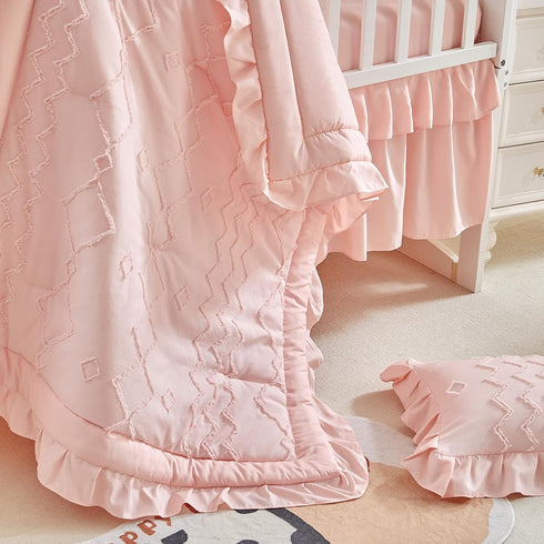 AIKASY Set The Ruffled Shabby Crib Bedding for Girls, Baby Quilted Comforter with Fitted Sheet, Bed Skirt