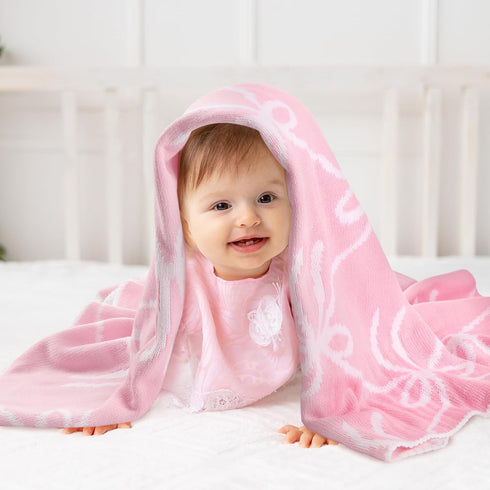 Cozy 30 40 Inches SmoothNovelty Pink Bow Knit Swaddle Blanket for Girls, Cotton Soft Lightweight Receiving Swaddle Crib