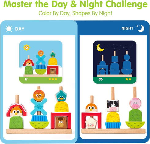 1-3 24 1 2 3 hahaland Montessori Wooden Brain Building Block for Toddler Stacking Toy Day & Night Puzzle Game