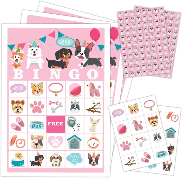 Puppy Dog Party Bingo Game Cards - 24 Players for Animal Themed Family Holiday Party Activity