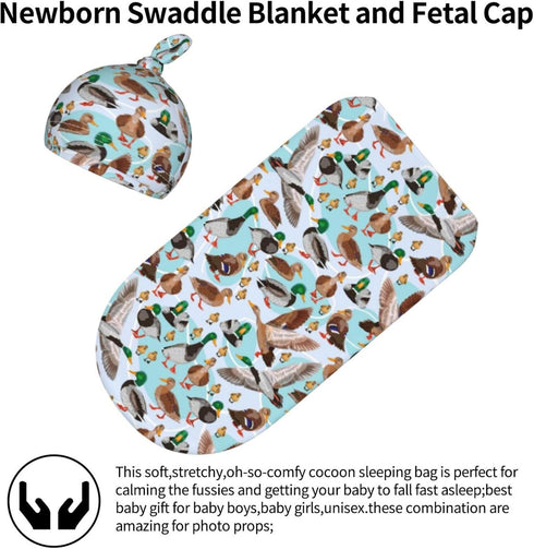 Broiteid Set Cartoon Mallard Duck Baby Stuff Newborn Baby Swaddle Blanket Swaddling Blanket with Beanie Soft for Unisex