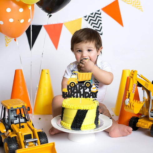 Glitter Building Truck Happy Birthday Cake Topper, Construction Truck Decor for Kids Birthday or Baby Shower Party