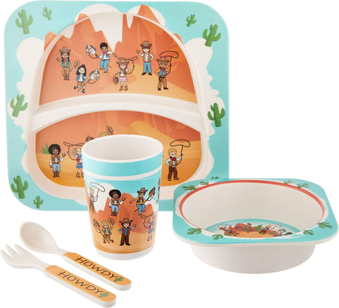 5-Piece Kids Dinnerware Set, Western Cowboys Themed Utensils, Bamboo Fiber Plate, Bowl & Cup, Toddler Safe