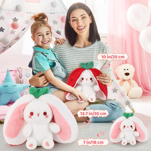 10-Inch Emoin Easter Reversible Bunny Stuffed Animal, Cute Strawberry-to-Bunny Transformed Plush Toy with Zipper, Soft