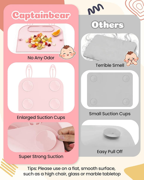 Captainbear 2Pack Silicone Placemats for Baby&Kid, Stain-Proof Non-Slip Baby Place Mat for Restaurant Highchair& Home